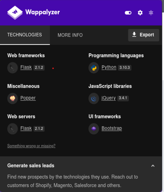 Screenshot of wappalyzer results.png /media/htb/easy/opensource/wappalyzer.png